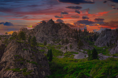 Scenic view of mountains against sky during sunset