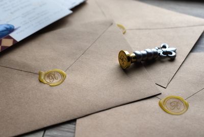 High angle view of sealed envelope on table