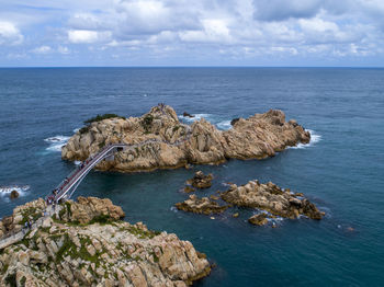 Scenic view of rocks in sea against sky