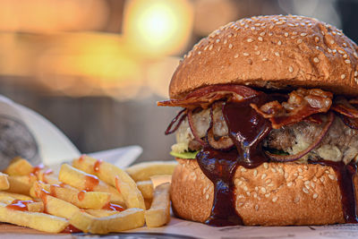 Close-up of burger on table
