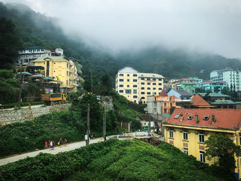 High angle view of buildings in city