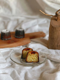 Close-up of canele served on table