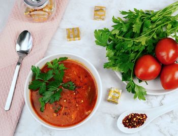 High angle view of food on table