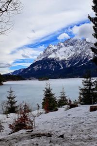 Scenic view of snowcapped mountains against sky