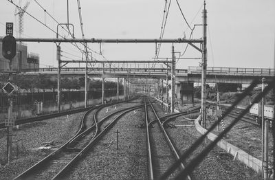 Railroad tracks seen through train windshield