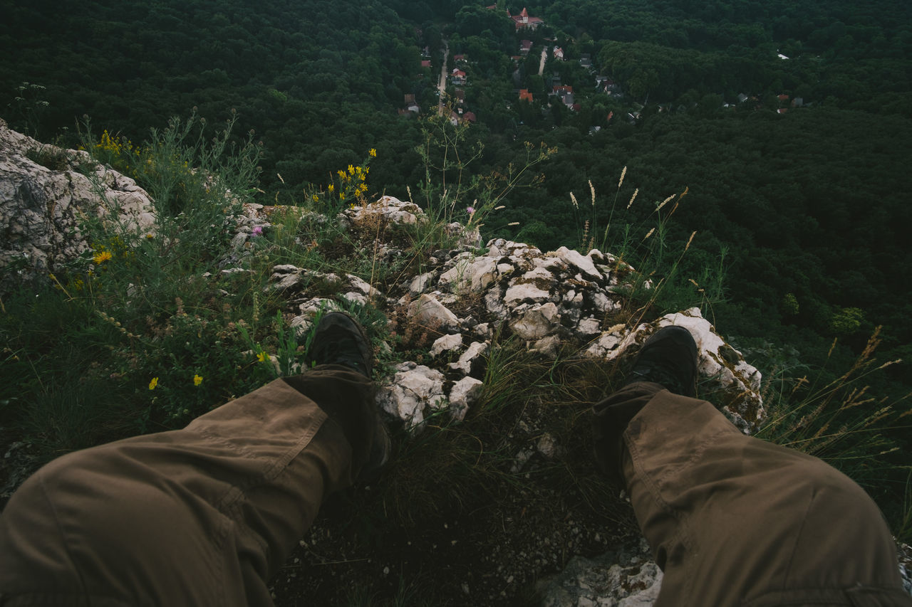 LOW SECTION OF MAN BY FLOWERS ON GROUND