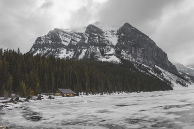 Scenic view of snow covered mountains against sky
