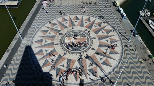 High angle view of people on wall