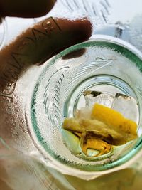 High angle view of drink in glass on table