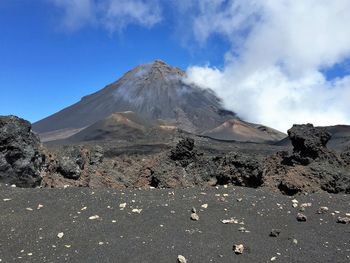 Panoramic view of volcanic landscape against sky