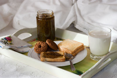 Close-up of breakfast served on table