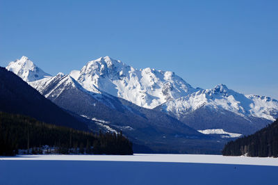 Scenic view of snowcapped mountains against clear blue sky