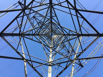 Low angle view of electricity pylon against clear blue sky