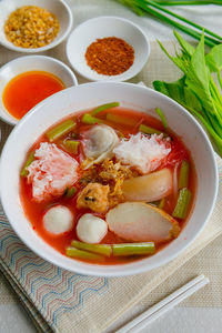 High angle view of soup in bowl