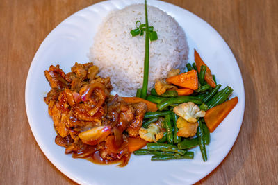 High angle view of food in plate on table