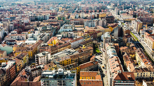 High angle view of city buildings