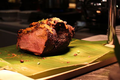 Close-up of meat on table