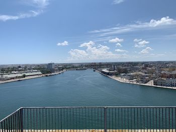 High angle view of river amidst buildings against sky