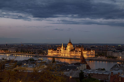 High angle view of city lit up at dusk