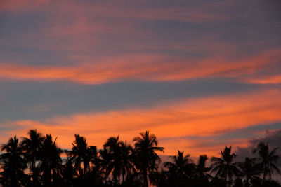 Silhouette palm trees against orange sky