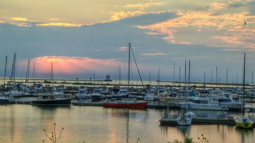 Boats in harbor at sunset