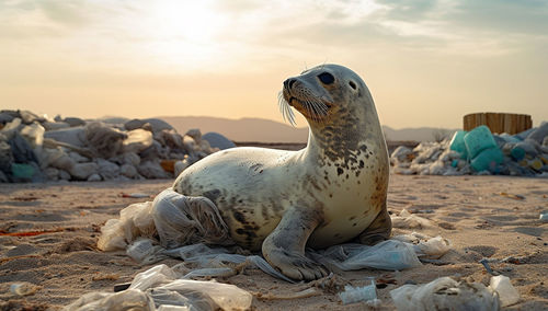 Close-up of seal lying on beach