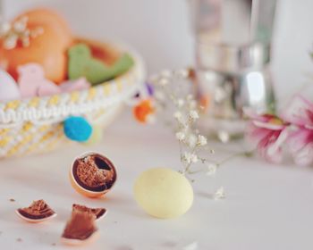 Close-up of cake served on table