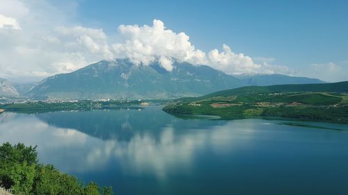 Scenic view of lake and mountains against sky