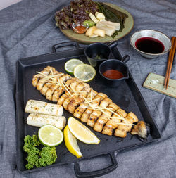 High angle view of food on table