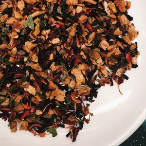 Extreme close up of tea leaves in plate