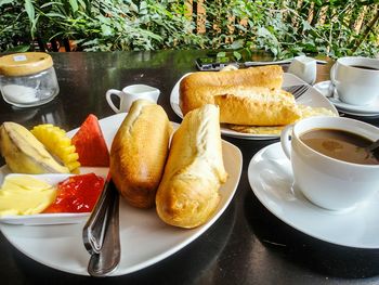 Close-up of food served on table