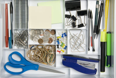 High angle view of office supplies on table