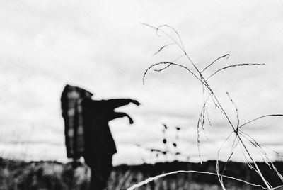 Side view of silhouette birds on field against sky