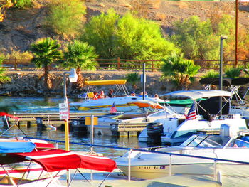 Boats moored in swimming pool