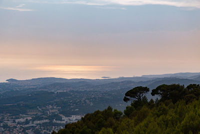 High angle view of mountain against sky during sunset