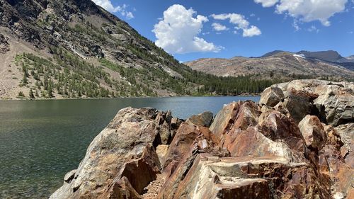 Panoramic view of lake and mountains against sky