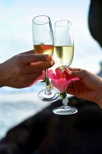 Close-up of hand holding wineglass against sky