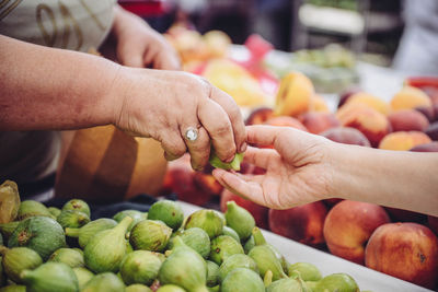 Cropped hand of customer buying fig from vendor at market