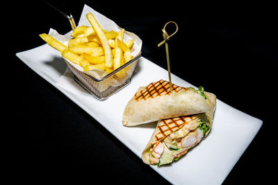 High angle view of food served on table