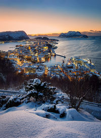 Winter view over Ålesund from fjellstua in snow, norway