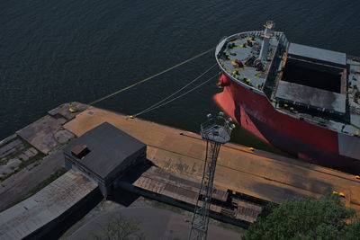 High angle view of ship moored at sea