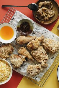 High angle view of food in plate on table