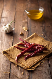 High angle view of chili peppers on table