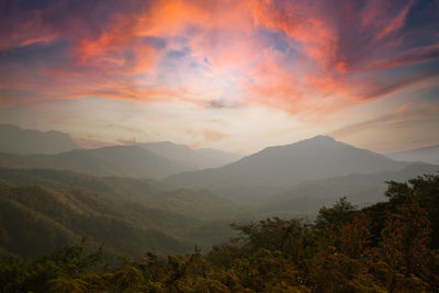 Scenic view of mountains against sky during sunset