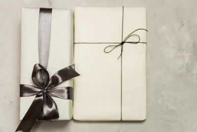 Close-up of christmas presents on table