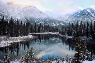 Scenic view of snowcapped mountains and lake against sky