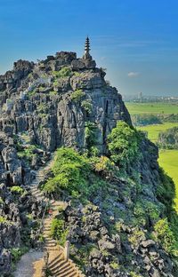 Built structure on rock formation against sky