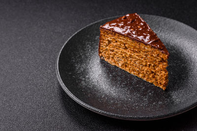 High angle view of cake in plate on table