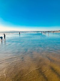 People at beach against blue sky