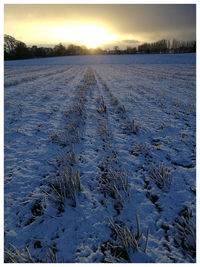Snow covered field against sky during sunset